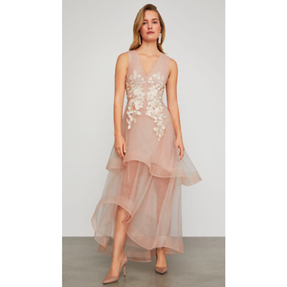 BCBG MAXAZRIA METALLIC LACE APPLIQUE DRESS